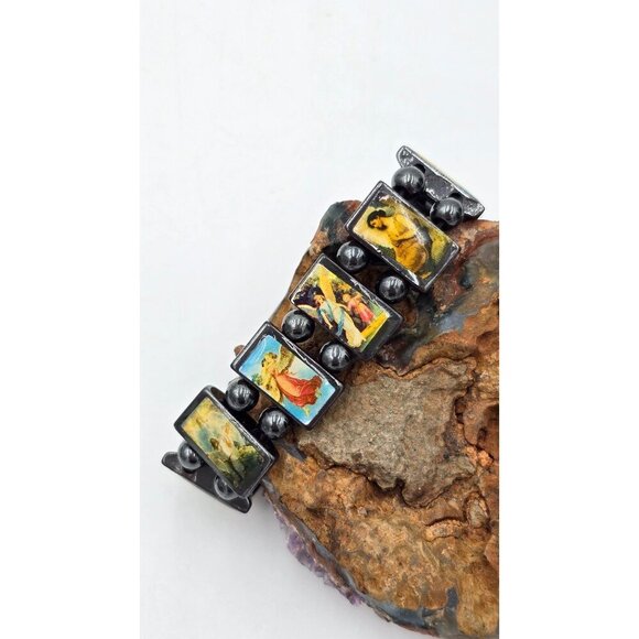 Vintage Religious Icon Angels Saints Beaded Hematite Bracelet Set of 2 - Picture 3 of 5